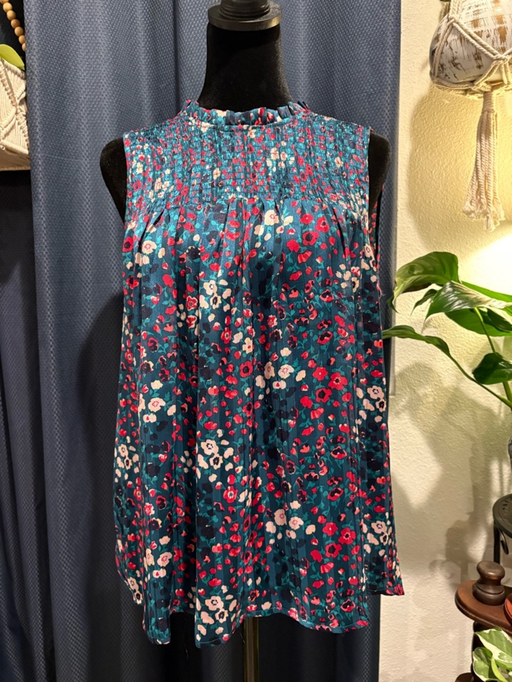 Maison Jules Teal Floral Smocked Neck Sleeveless Blouse